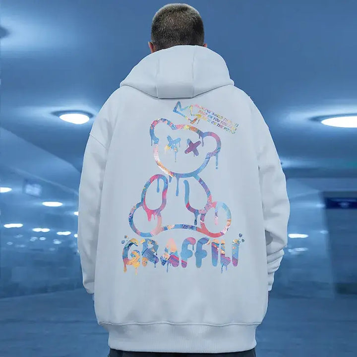 Retro graffiti bear print hoodie y2k - hoodies