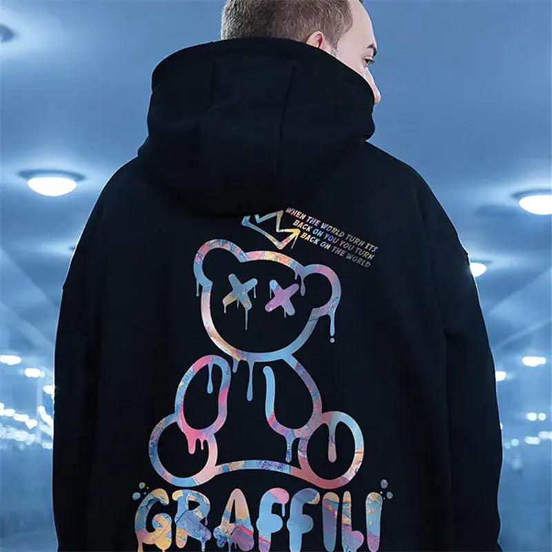 Retro graffiti bear print hoodie y2k - hoodies