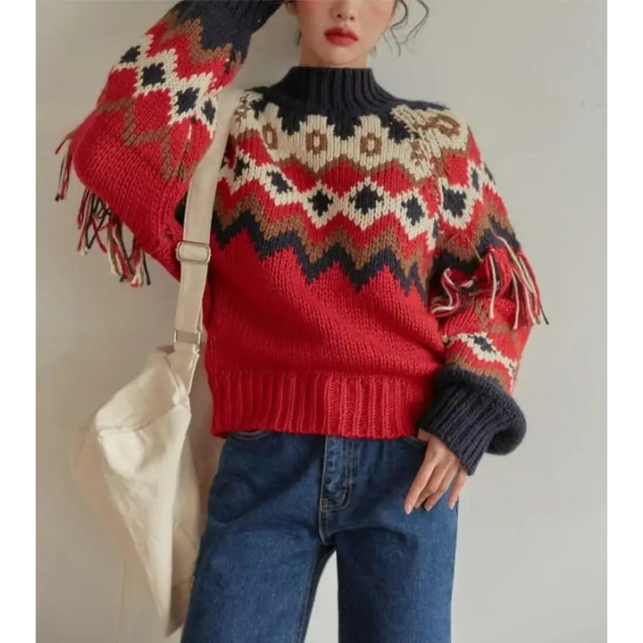 Retro pattern knitted christmas sweater with flared long sleeves