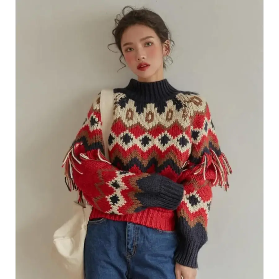 Retro pattern knitted christmas sweater with flared long sleeves - red / one size