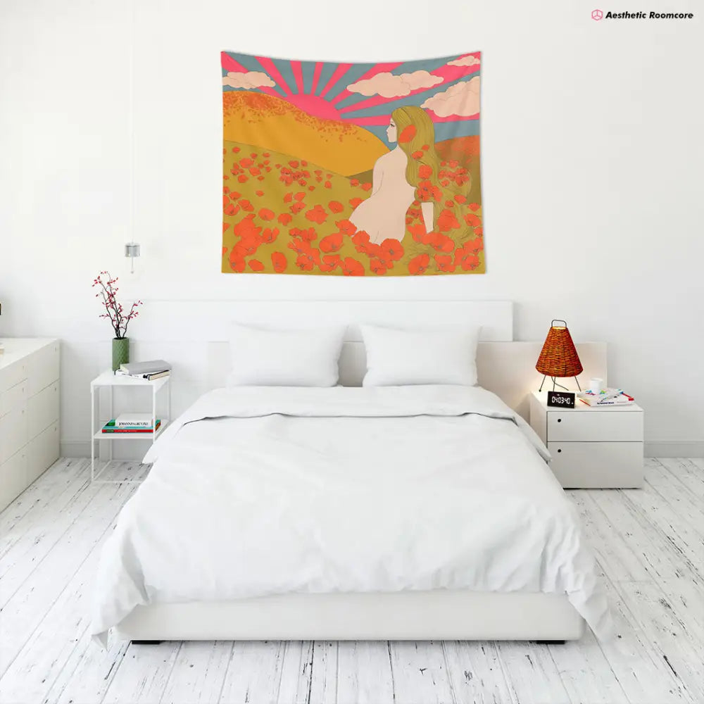 Retro poppy field tapestry for stunning room aesthetics