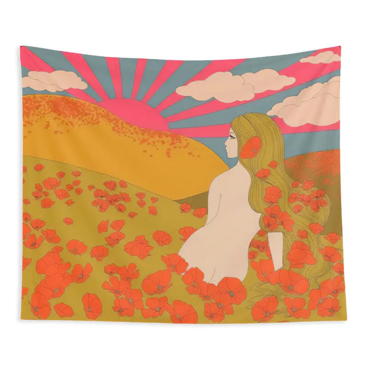 Retro poppy field tapestry for stunning room aesthetics