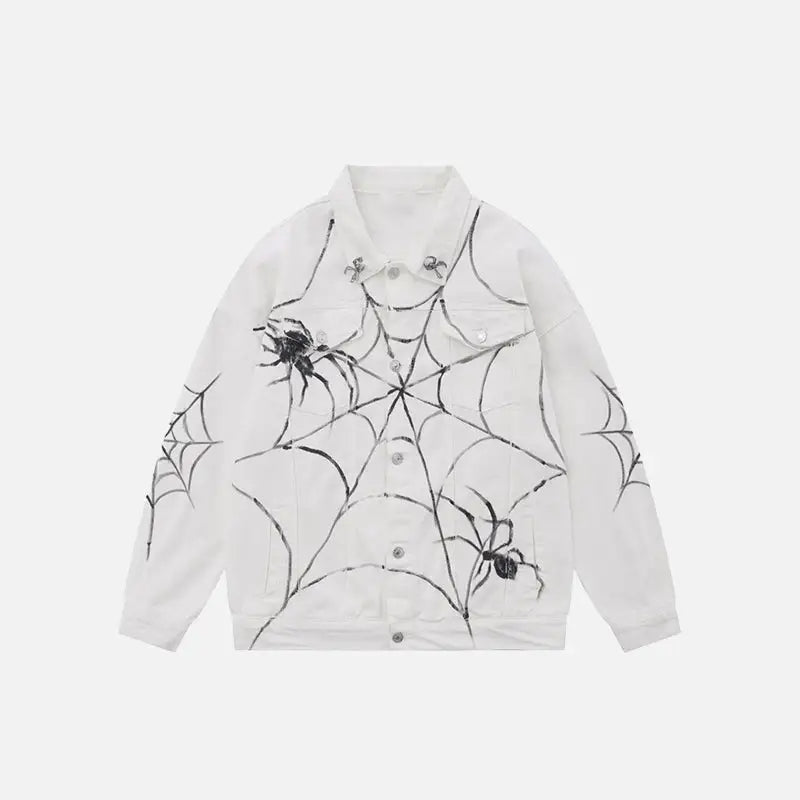 Retro spider web denim jacket y2k - white / s