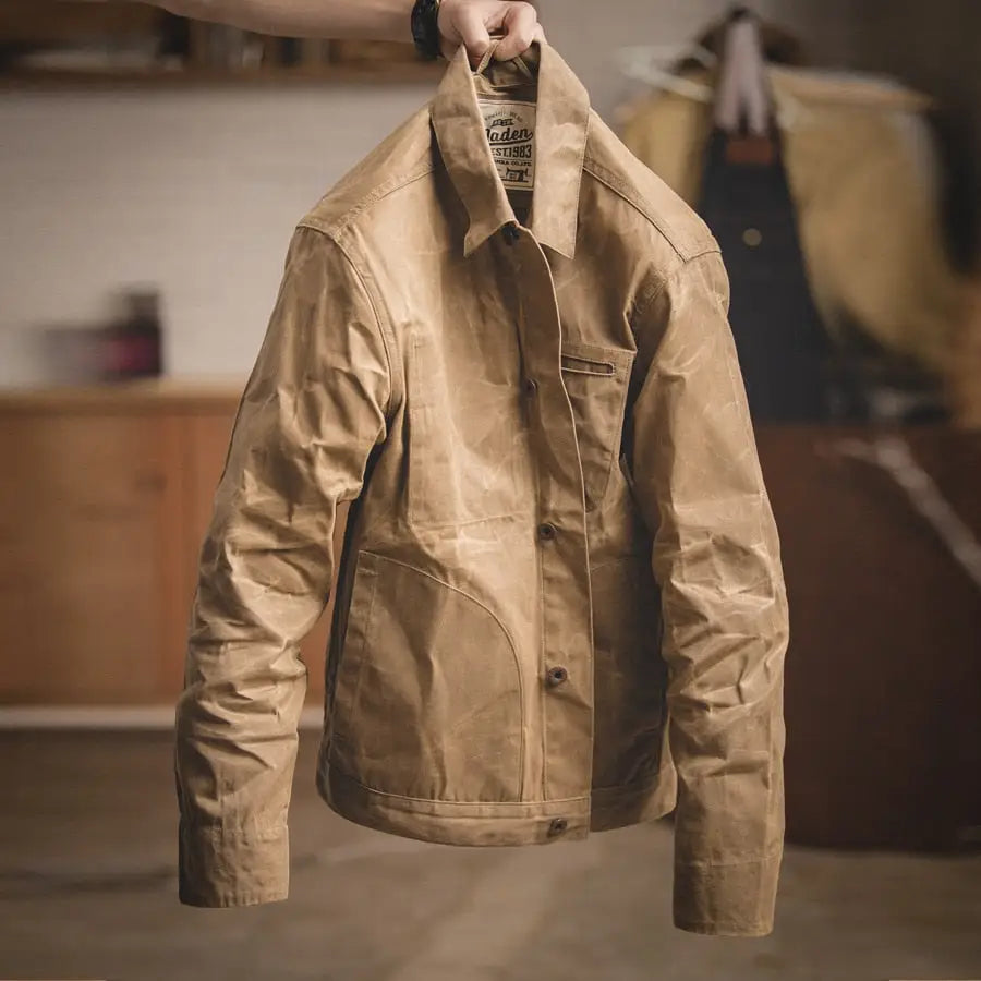 Retro waxed khaki casual jacket y2k - jackets
