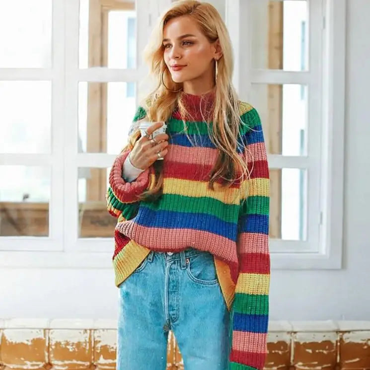 Roll neck rainbow jumper - free size / multi - sweaters