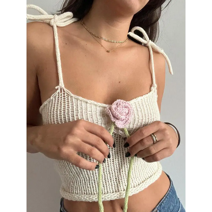 Ethereal white crop top with adjustable shoulder straps and knit rose details - s