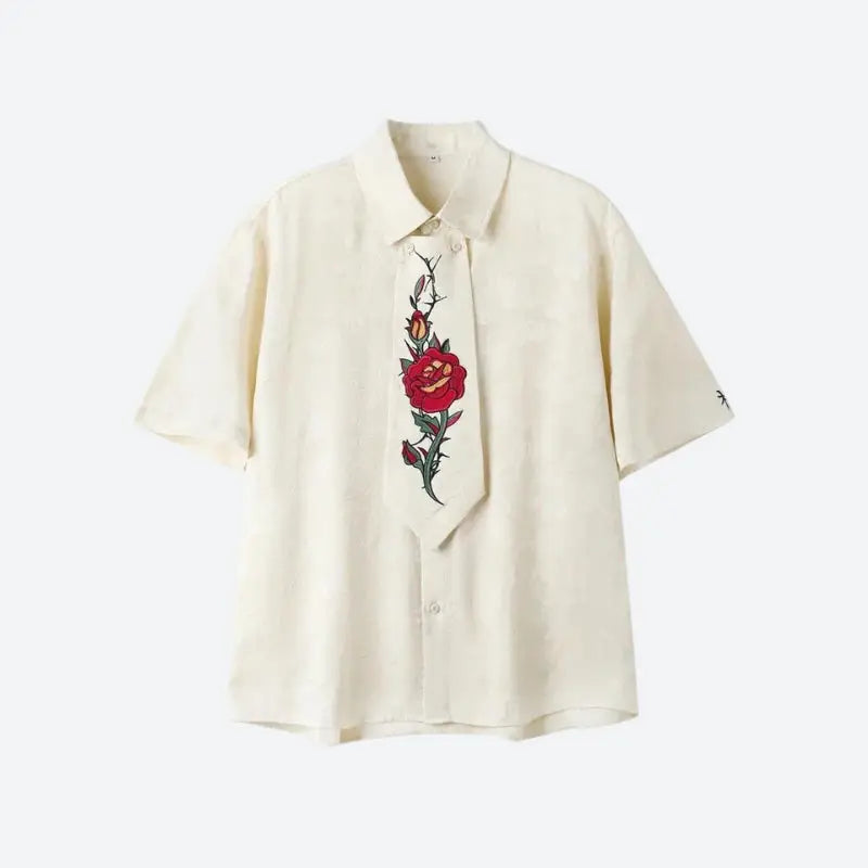 Rose embroidery tie shirt - beige / s