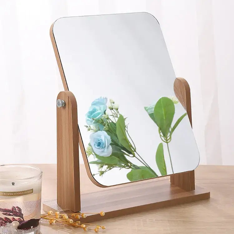 Rotatable wooden desk mirror for effortless grooming