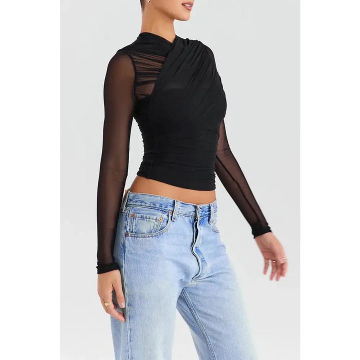 Chic sheer mesh top with lined cross neck and zip fastening - black / s