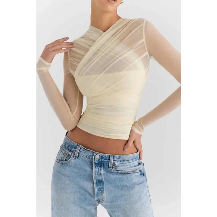 Chic sheer mesh top with lined cross neck and zip fastening - khaki / s