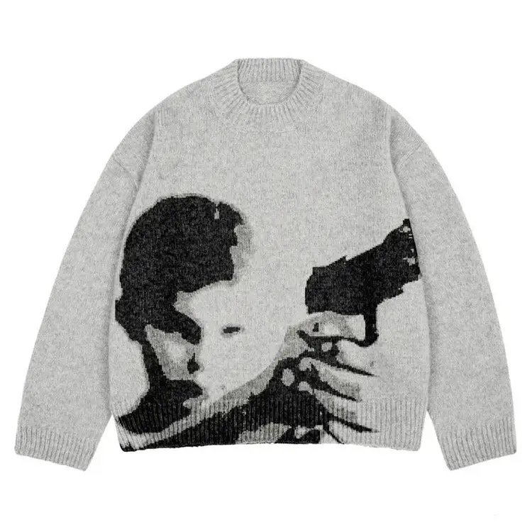 Run she got the gun sweater for a y2k grunge aesthetic look - m / grey