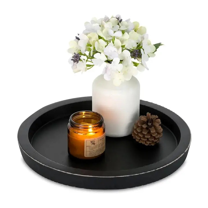 Rustic round decorative tray for home decor and entertaining - black