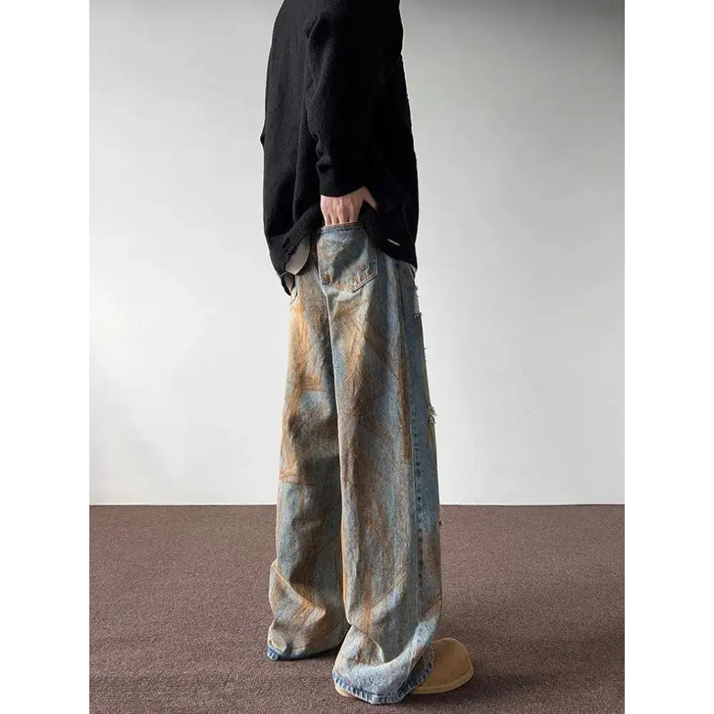 Wide leg denim jeans with unique rusty pattern