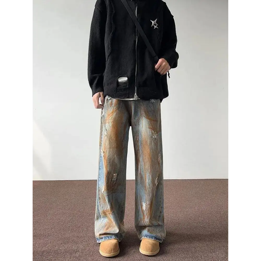 Wide leg denim jeans with unique rusty pattern