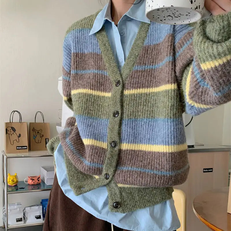 Sage autumn aesthetic striped cardigan for cozy seasonal style