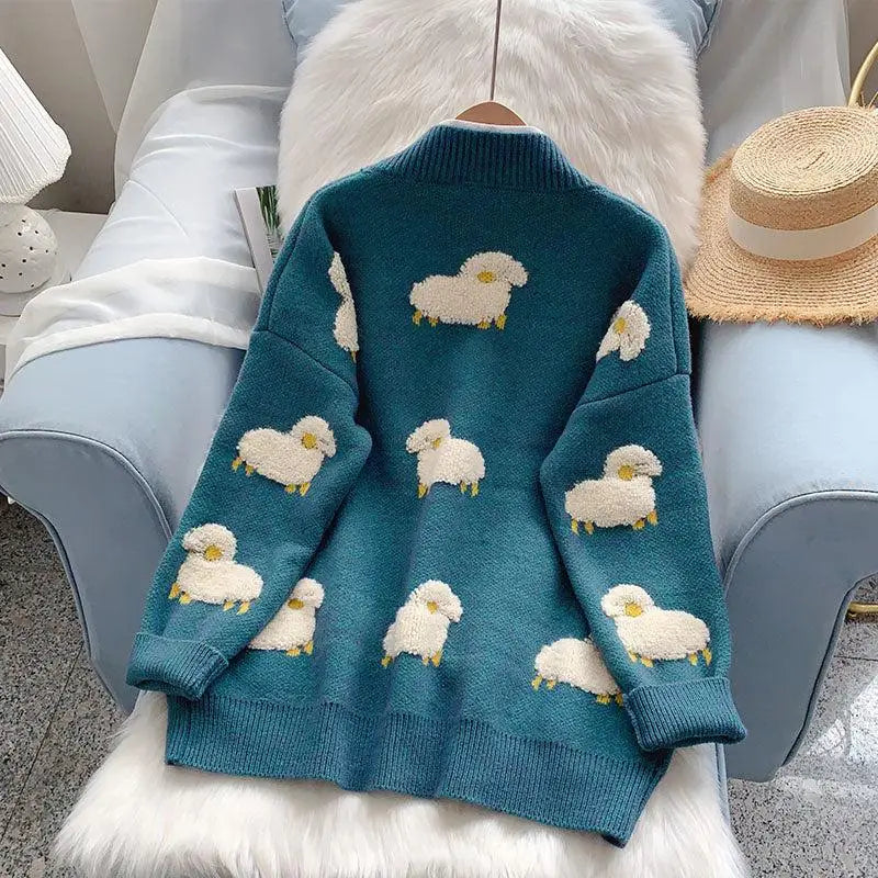 Stylish knitted cardigan with unique sheep embroidery design