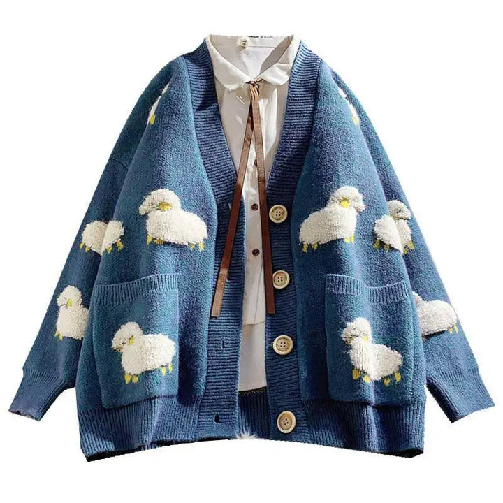 Stylish knitted cardigan with unique sheep embroidery design