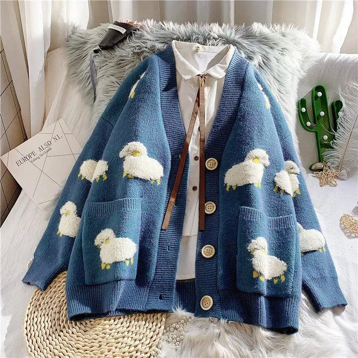 Stylish knitted cardigan with unique sheep embroidery design - blue / l