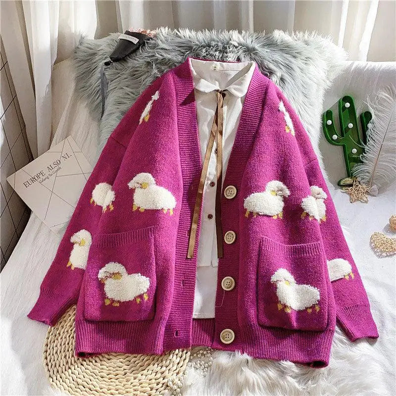 Stylish knitted cardigan with unique sheep embroidery design - pink / l