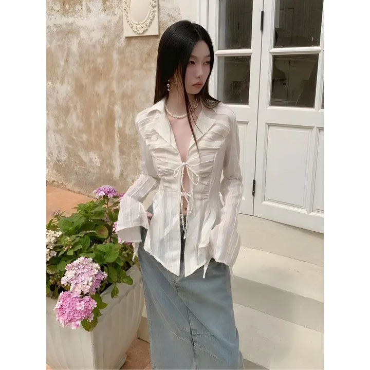 Elegant sheer shirt with lace-up front in y2k style - white / s