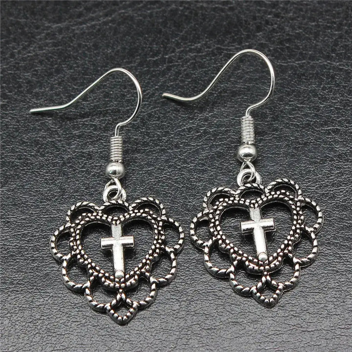 Silver color heart cross earrings y2k