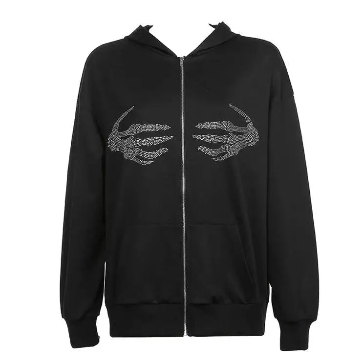 Skeleton hands rhinestone hoodie - s / black