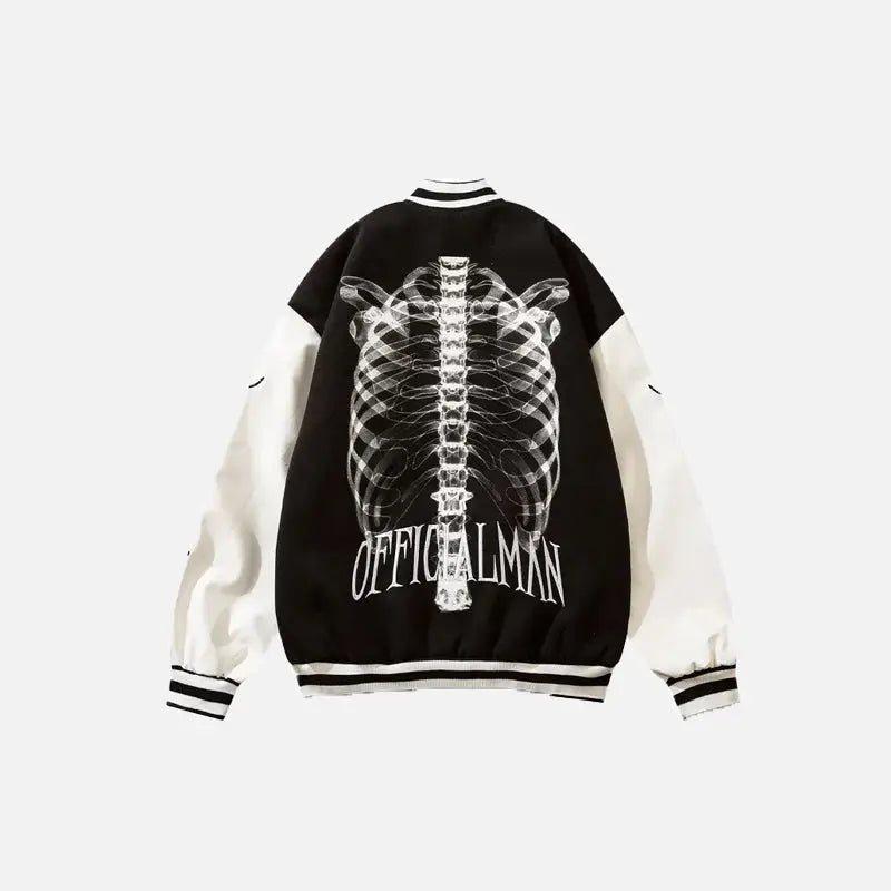 Skeleton print embroidery varsity jacket y2k - black / m - varsity jackets