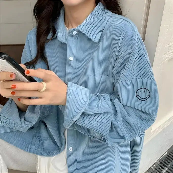 Smiley embroidered corduroy shirt - blue / s