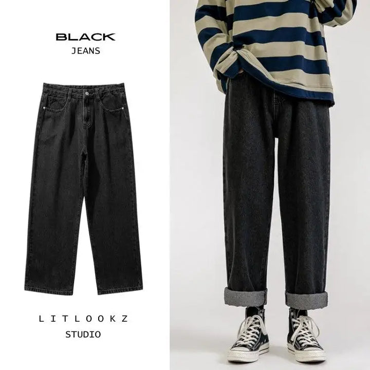 Washed baggy jeans for a soft boy aesthetic in denim material - black / s