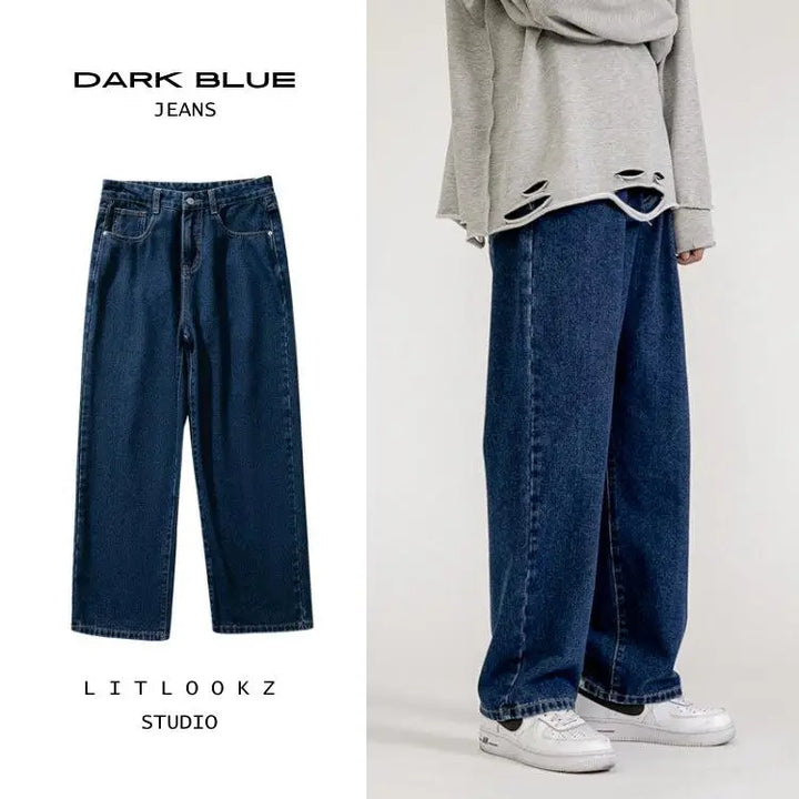 Washed baggy jeans for a soft boy aesthetic in denim material - dark blue / s