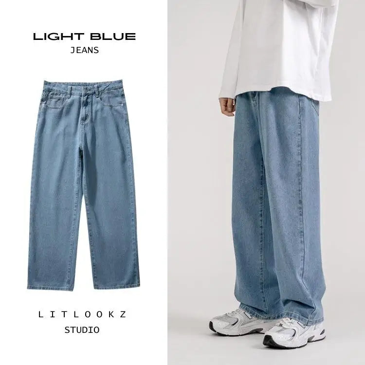 Washed baggy jeans for a soft boy aesthetic in denim material - light blue / s