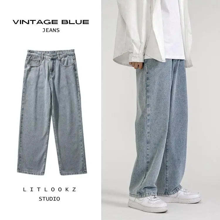 Washed baggy jeans for a soft boy aesthetic in denim material - vintage blue / s