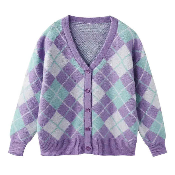 Y2k purple argyle print cardigan with fuzzy mohair texture - free size