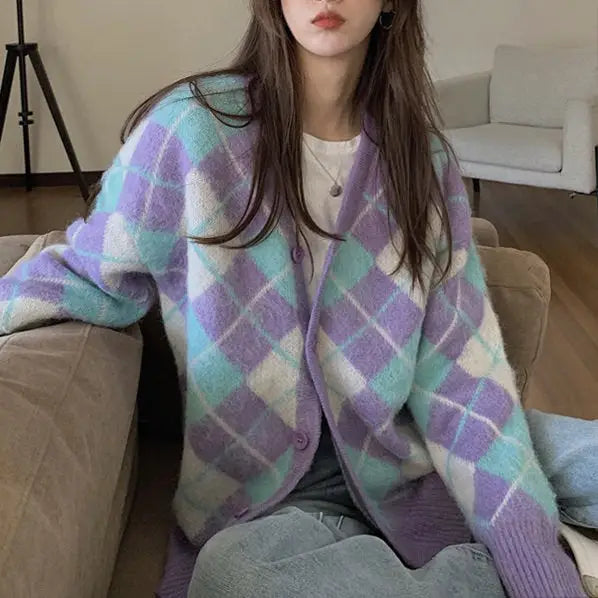 Y2k purple argyle print cardigan with fuzzy mohair texture - free size