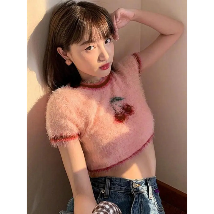 Cherry fluffy crop top for the soft girl y2k aesthetic