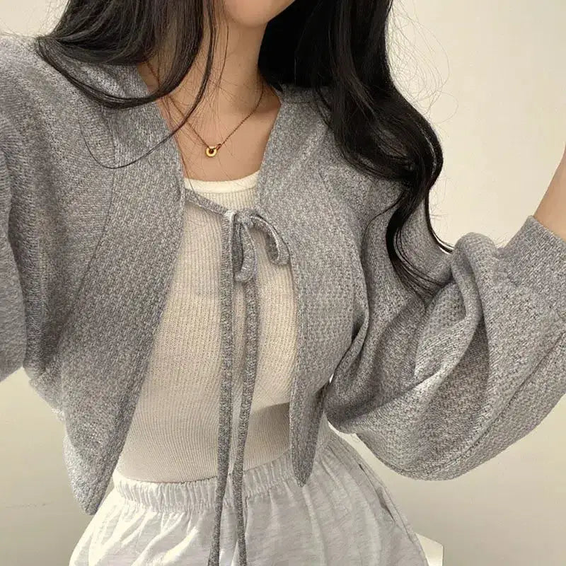 Soft girl lace up crop cardigan