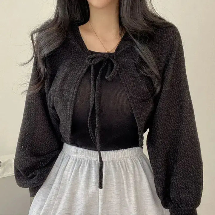 Soft girl lace up crop cardigan - black / xs