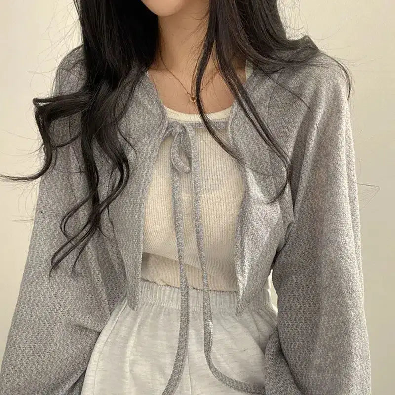 Soft girl lace-up cardigan jacket for cozy chic style - gray / xs