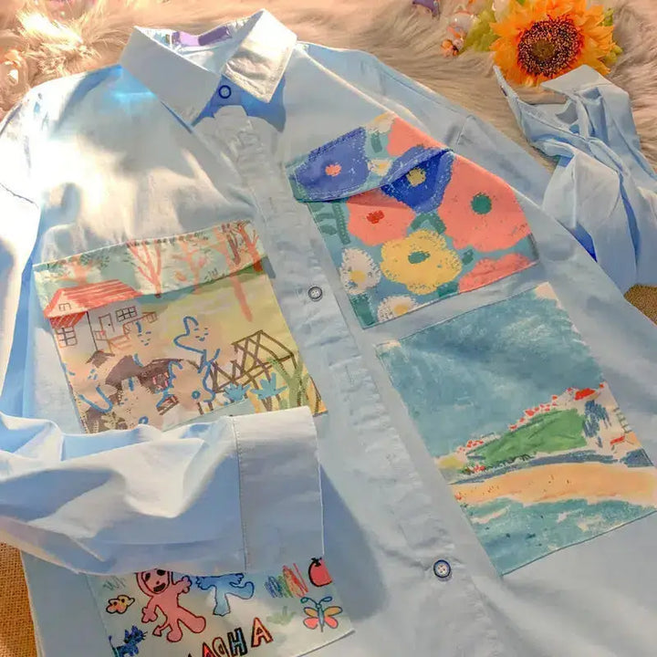 Soft girl oil painting style patch shirt for a y2k aesthetic - light blue / s