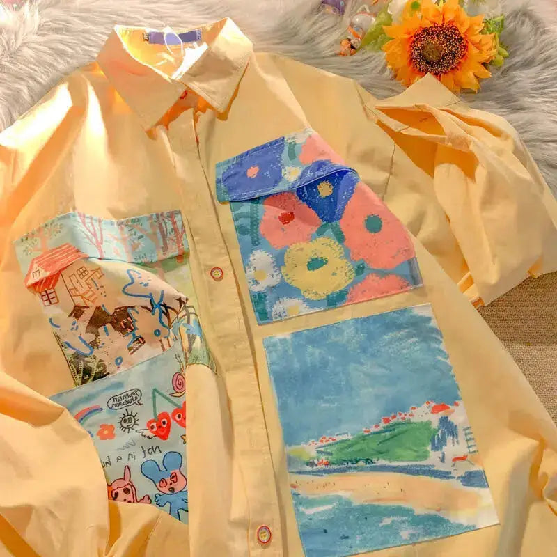 Soft girl oil painting style patch shirt for a y2k aesthetic - yellow / s