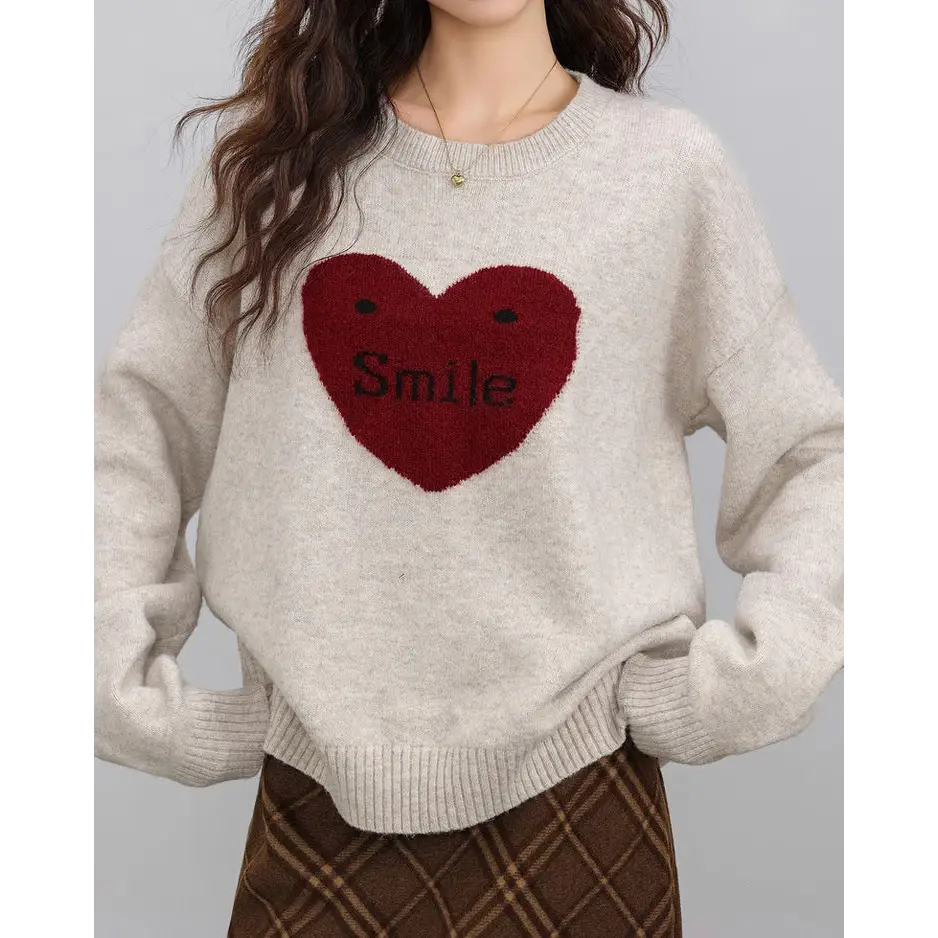 Soft girl warm heart sweater for cozy cheerful days - free size / grey/red