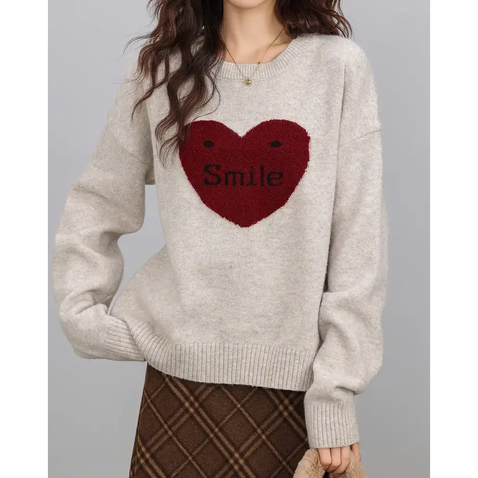 Soft girl warm heart sweater for cozy cheerful days - free size / grey/red