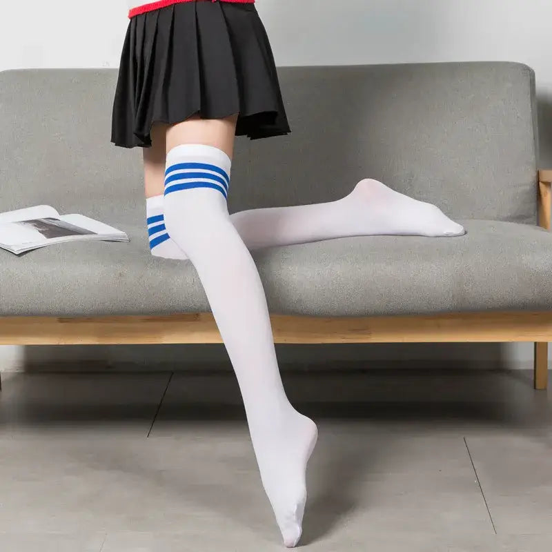 Ultra soft plain long socks for maximum comfort above the knee - blue stripe / one size
