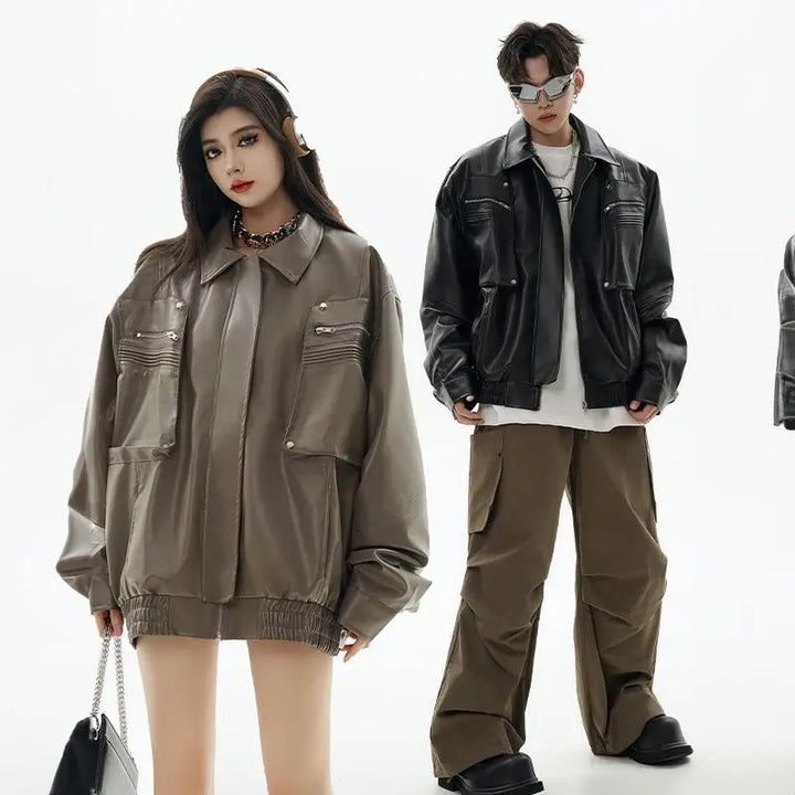 Solid color pockets leather jacket y2k - jackets