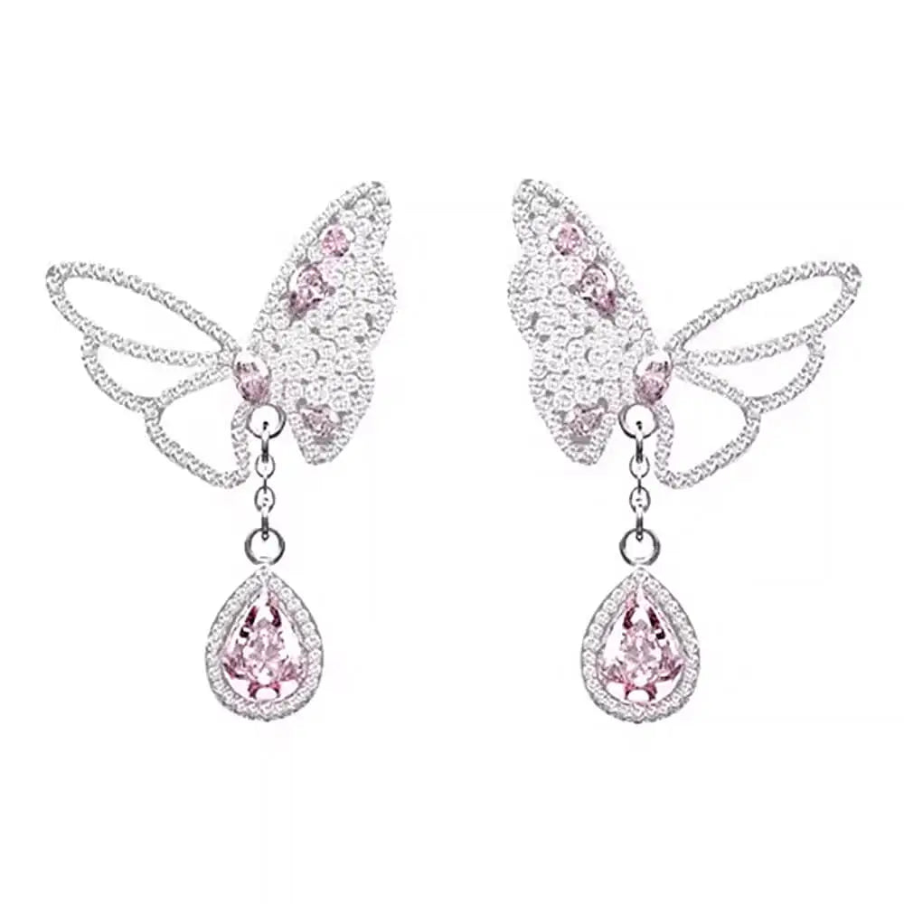 Y2k silver butterfly earrings with pink gem and teardrop crystal - standart / silver/pink - earrings