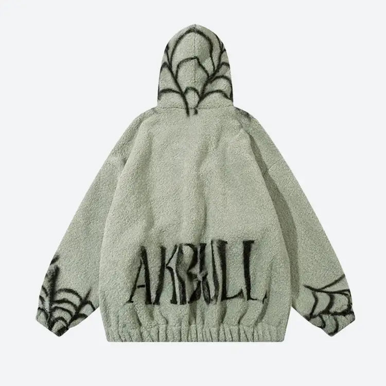 Cozy unisex teddy hoodie with soft touch material and spider web details