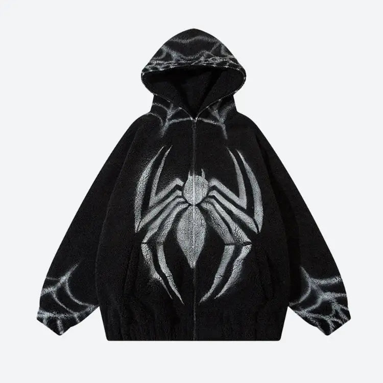 Cozy unisex teddy hoodie with soft touch material and spider web details - black / s