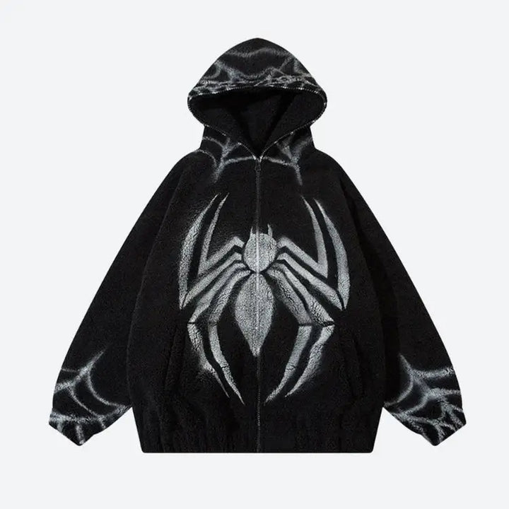 Spider full zip-up teddy hoodie jacket - black / s