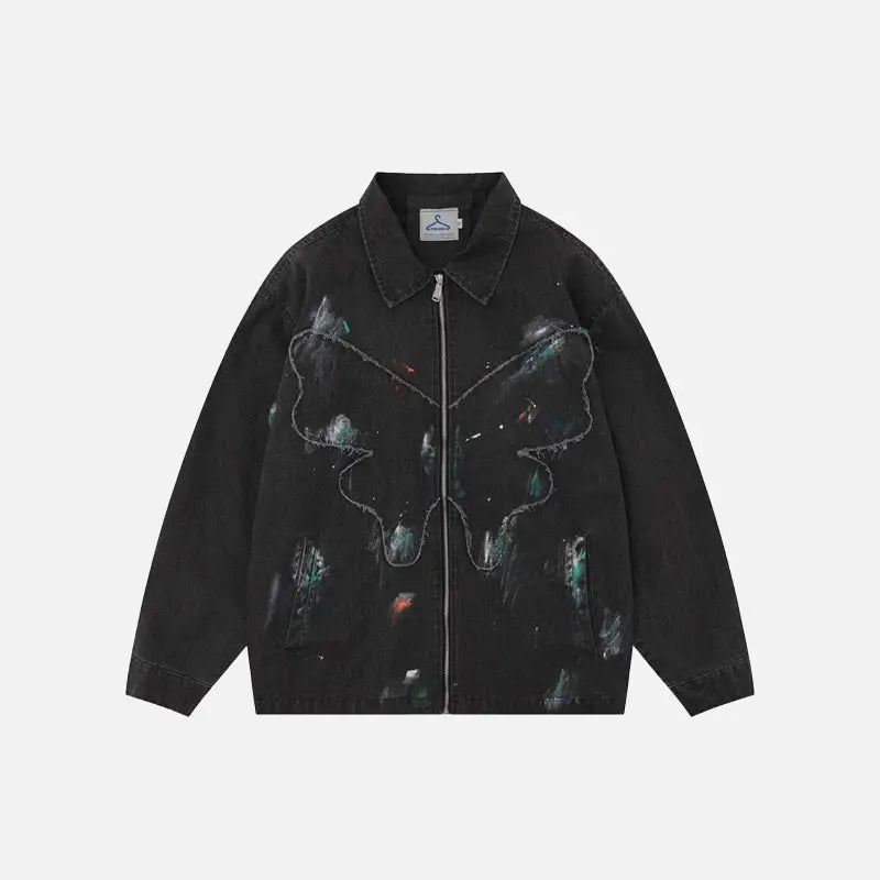 Splash ink embroidered butterfly jean jacket y2k - black / s - jackets