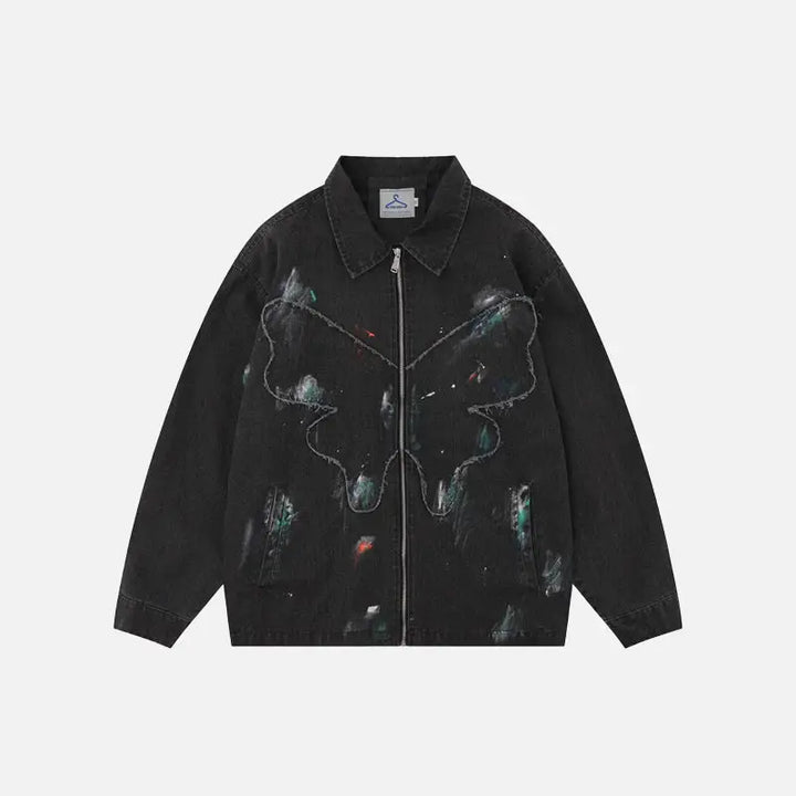 Splash ink embroidered butterfly jean jacket y2k - black / s - jackets
